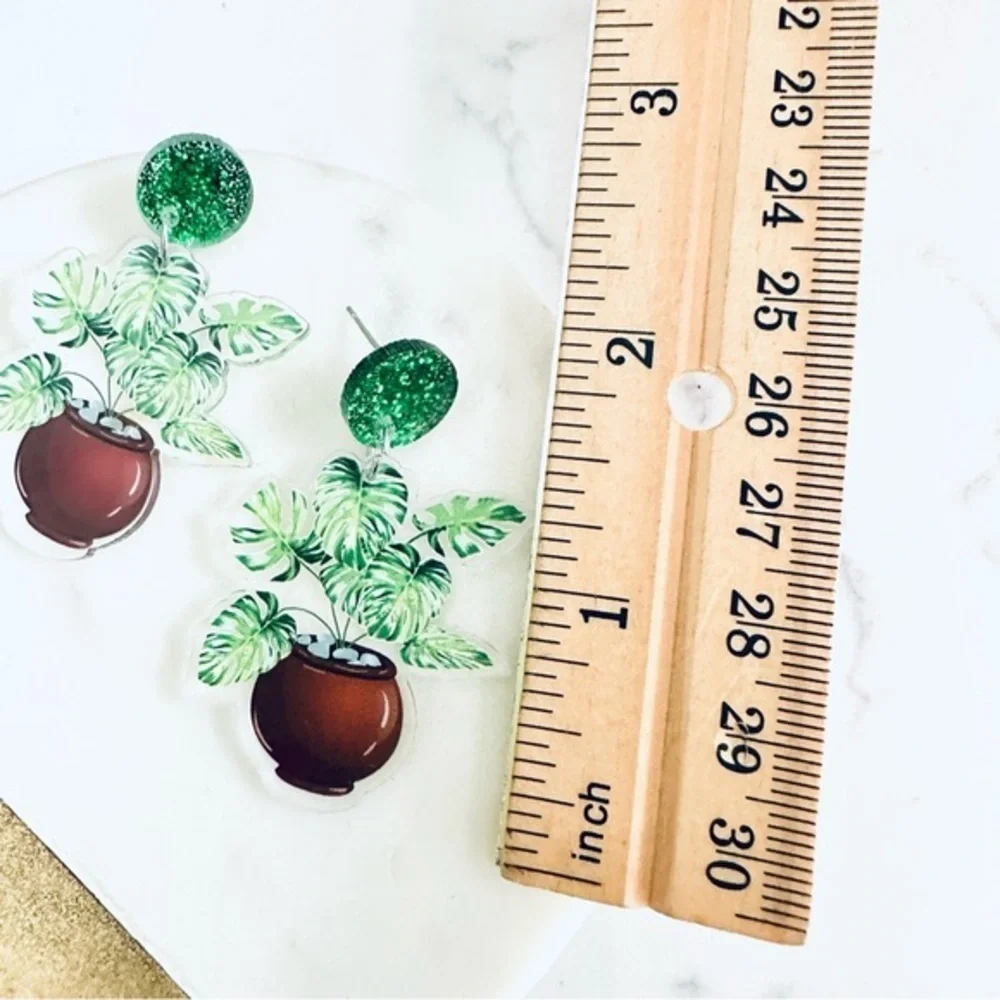 2/$30🌵 Monstera Leaf Potted Plant Earrings Acrylic Jewelry Plant Lady NEW